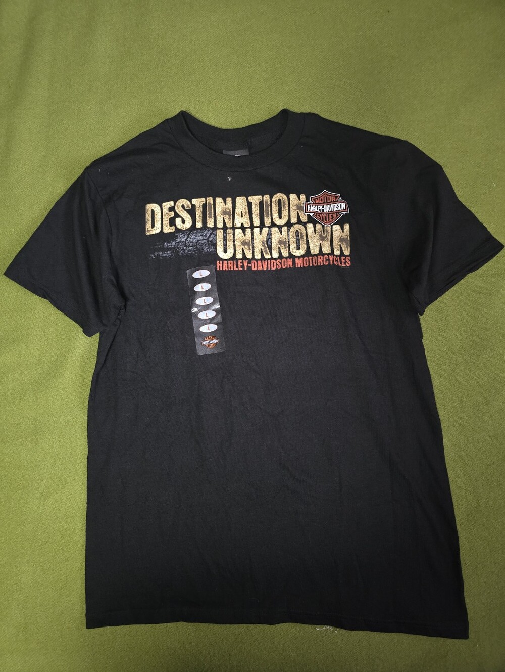 Harley-Davidson Black Tee with Gold & Orange 'Destination Unknown' Graphic